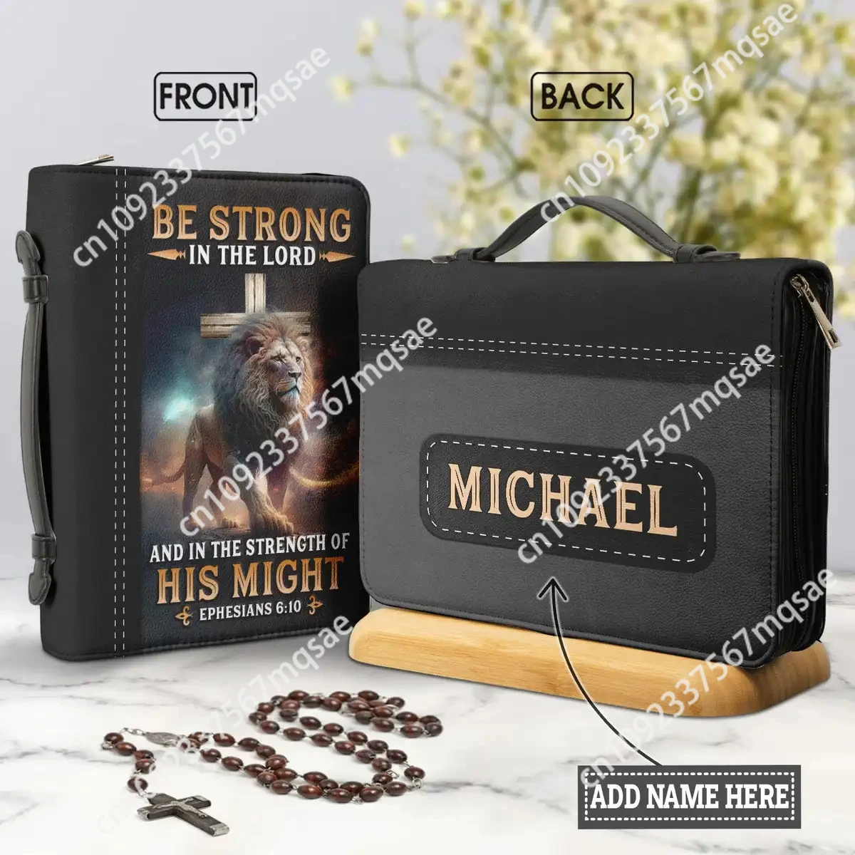 

Lion Cross Bible Hymns Print Leather Bible Bag Handbags Be Strong in The Lord Words Bible Carrying Case Handle Study Book Case