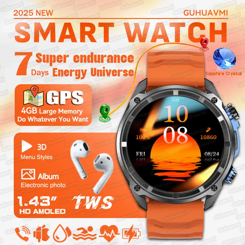 Corning Gorilla Glass 4GB Memory Local music TWS GPS Map Smartwatches Men 466*466  AMOLED 860mAh Compass Waterproof Smart Watch