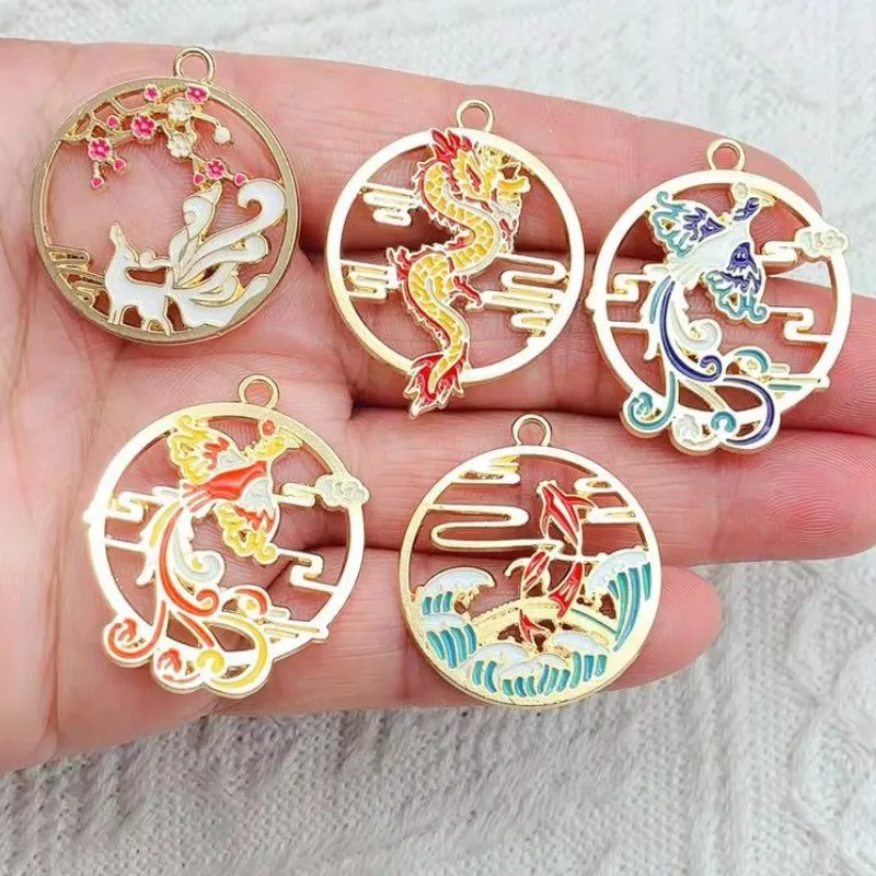 10Pcs/lot Chinese Style Dragon Phoenix Deer Enamel Pendant Charms for Women DIY Earring Findings Jewelry Making Accessories