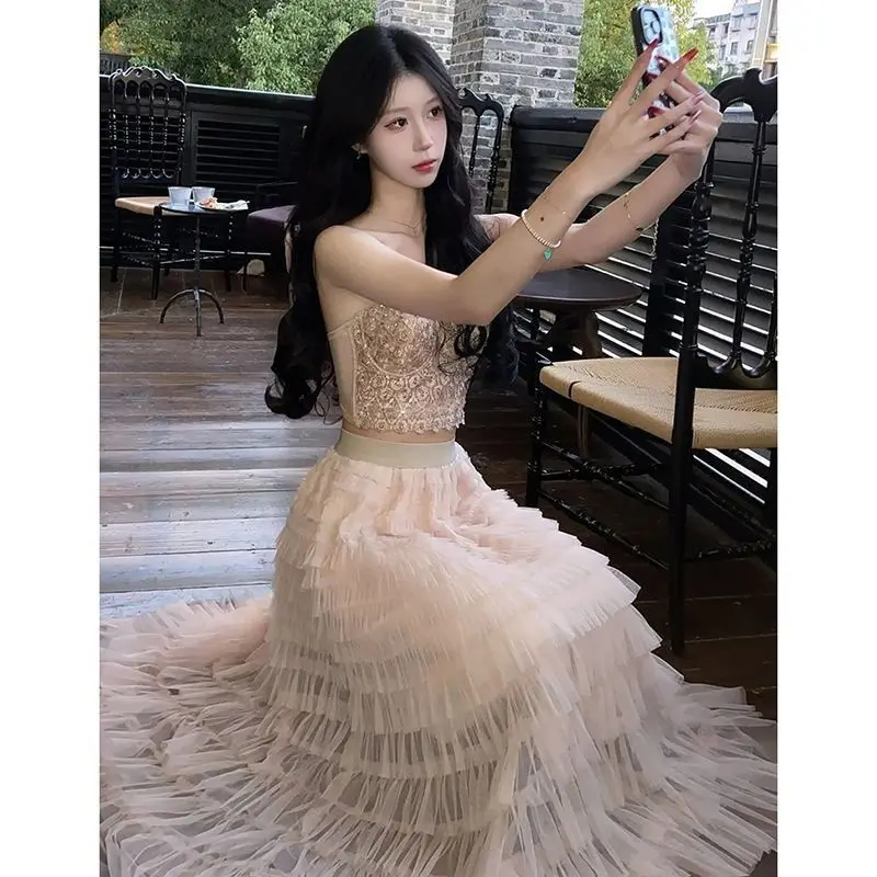 

Sweet Layered Cake Me Skirt Elastic Waist Princ Long Skirt Autumn Winter New Sle Korean Version High Waist Polyester F...