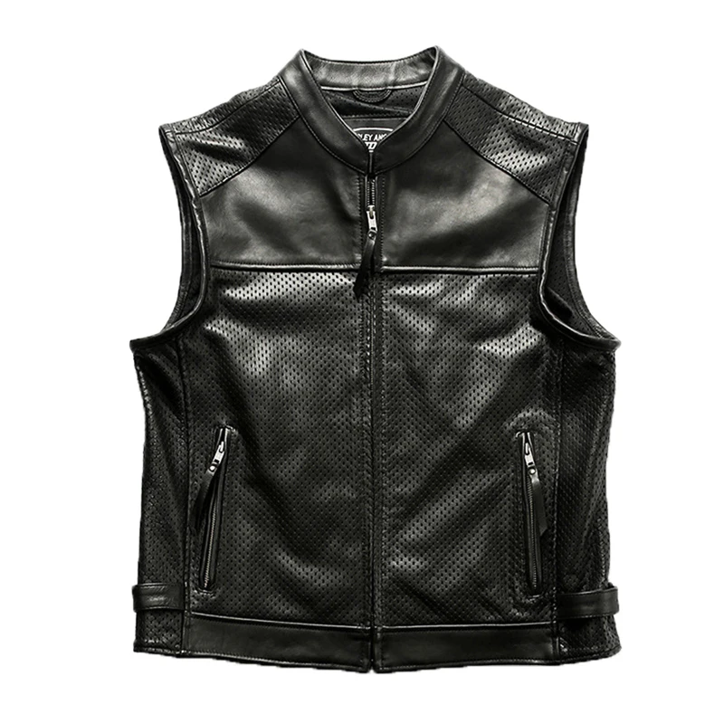 

Summer men's customizable undershirt breathable mesh stand-up collar rock fishing riding cowhide biker model leather vest top