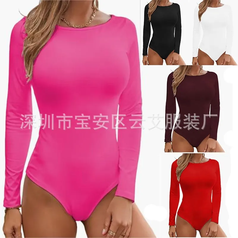 Women's Long Sleeve Solid Color Skinny Capri Jumpsuit Mid Waist Fitted Round Neck Bodycon One-Piece Outfit for Spring Summer