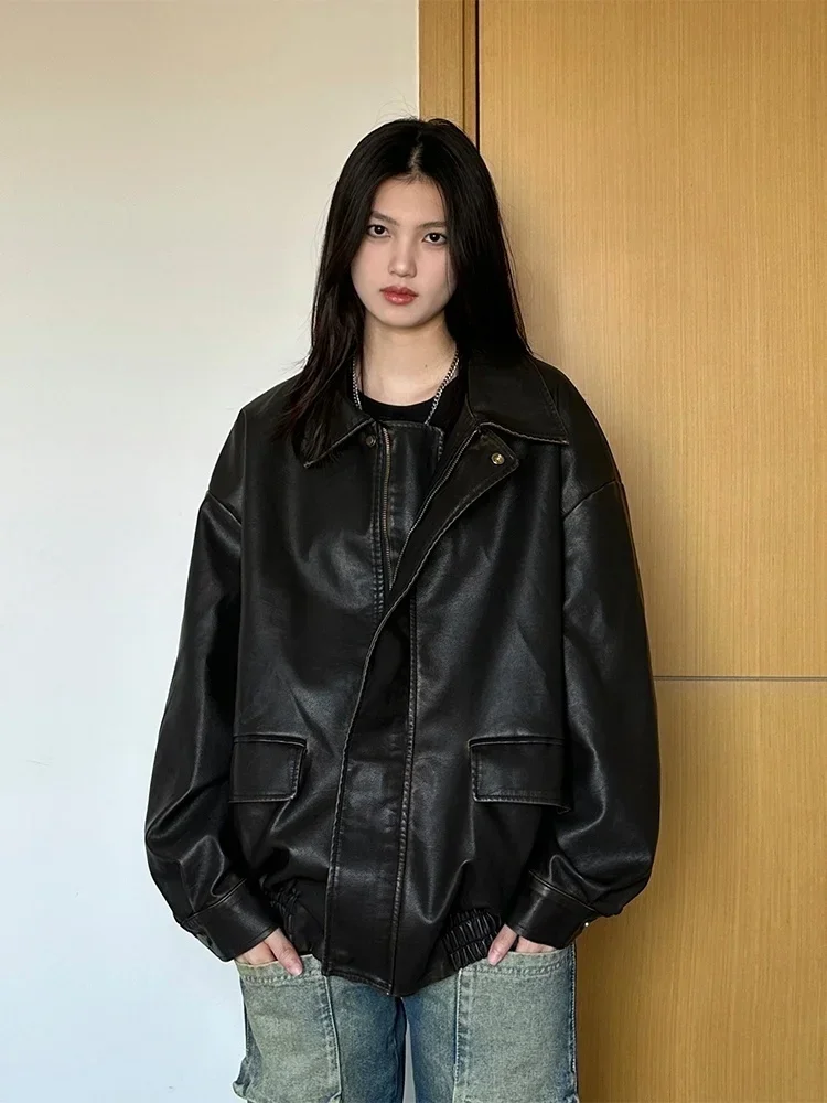 

American Retro Black High-end Cool Motorcycle Leather Jacket with High Street Fashion Brand Jacket