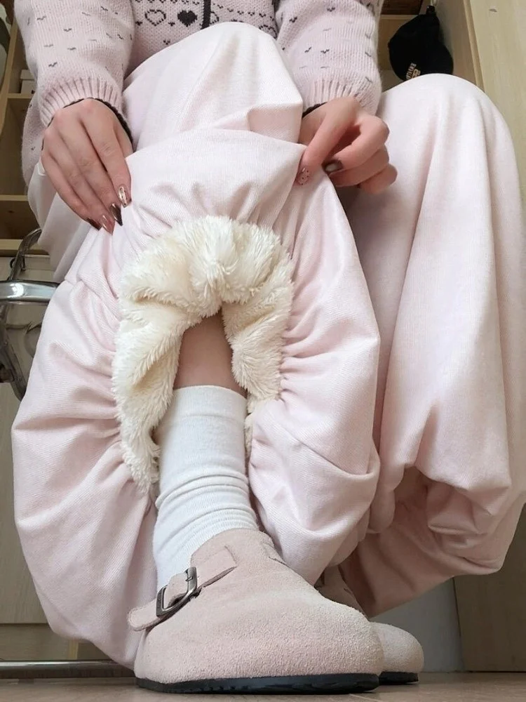 

Pink Lamb Velvet Bloom Skirt Pants Women's Thiened Fce Casual Lantern Pants High Waist Polyester Fiber Commute Sle