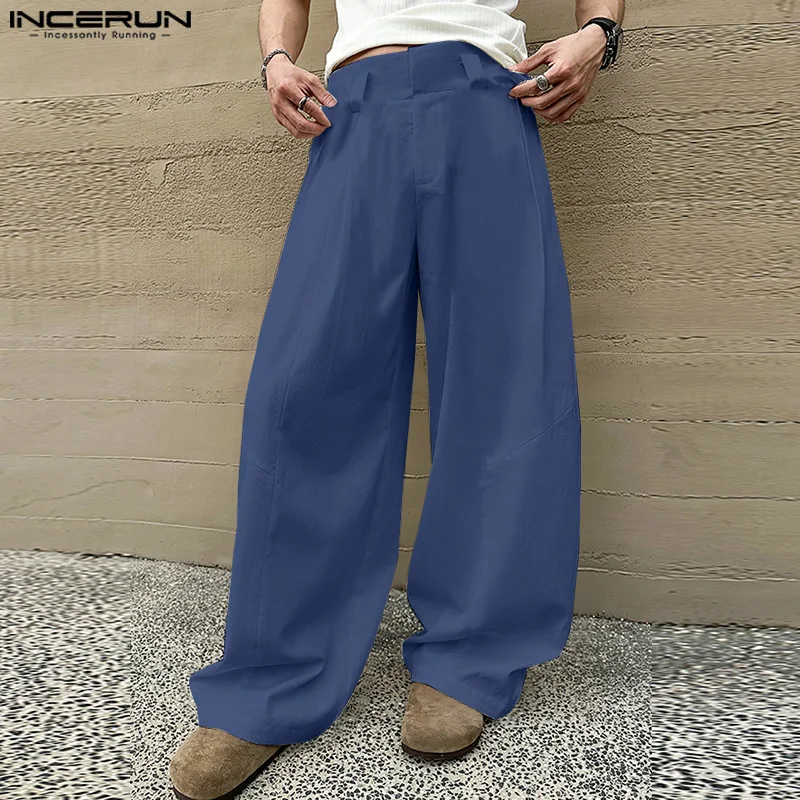 INCERUN 2024 Korean Style Trousers Men's Pleated Deconstructed Draping Pants Male Solid All-match Loose Wide Leg Pantalons S-5XL