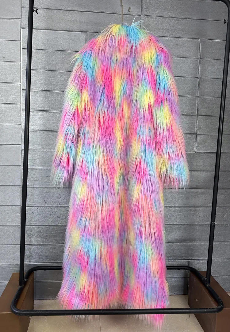 DEAT 2026 Winter New Items Imitation Colorful Long Coat For Women Faux Fur Suit Collar Long Sleeve Trench Jacket Female 11A05577
