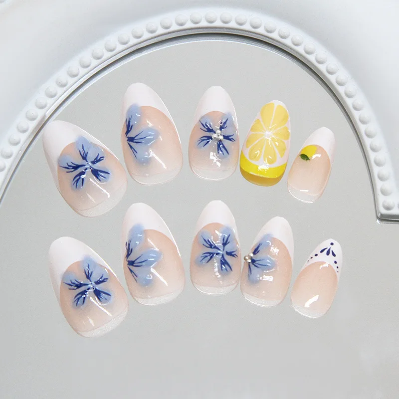24 Pcs Nail Tips 3d Blue Flower Press on Nails French Short Almonds False Nails with Design Cheap self-adhesive Sticky Nails Set