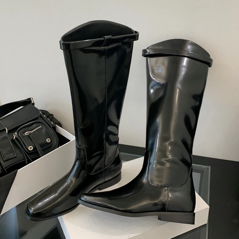 

Eilyken Autumn Winter Cosy PU Leather Knee-High Boots Women Long Booties Street Punk Style Square Low Heels Shoes
