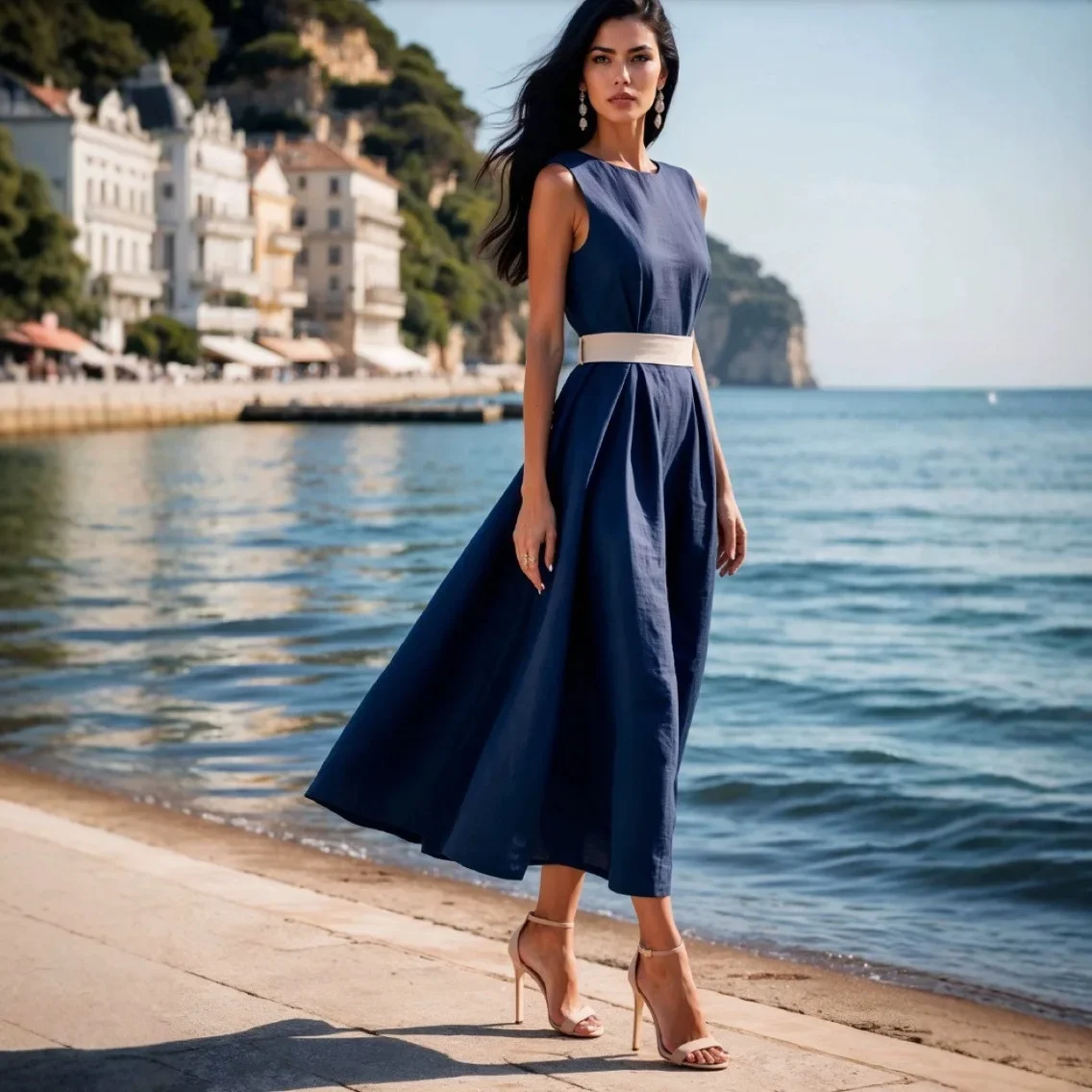 2025 Summer Fashion Solid Color Waist Strap Up Women Dress Simple Round Neck Females Vacation Banquet Long Dresses