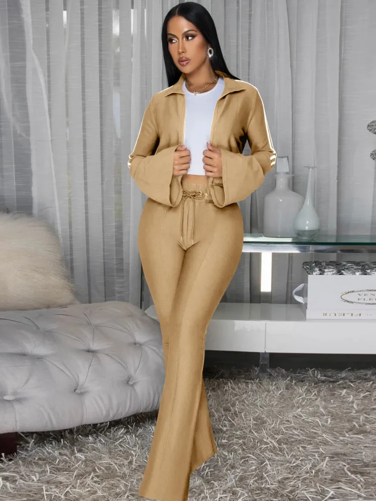 Set da donna da 2 pezzi 2025 Nuovo arrivo Autunno Inverno Set coordinati Giacca a maniche lunghe con cerniera Top e pantaloni Abiti Abiti Abbigliamento