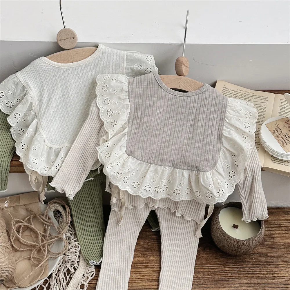 2024 Autumn New Baby Girl Long Sleeve Clothes Set Infant Long Sleeve + Pants + Lace Bib 3pcs Suit Cotton Toddler Girls Outfits