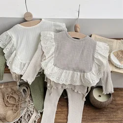 2024 Herbst neue Baby Mädchen Langarm Kleidung Set Kleinkind Langarm Hosen Spitze Lätzchen 3 stücke Anzug Baumwolle Kleinkind Mädchen Outfits