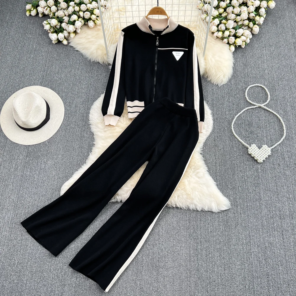 

Faionable Spor Knitted Set for Women Casual High Collar Color Blo Open Cardigan And High Waist Wide Leg Pants Two Piece