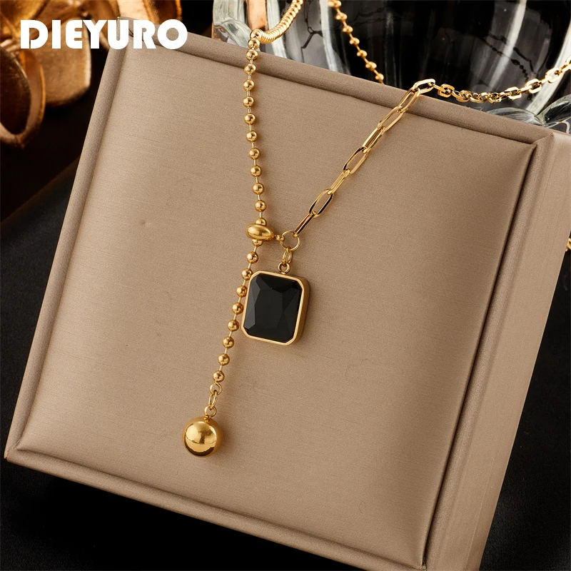 DIEYURO 316L Stainless Steel Zircon Necklace For Women Designer Gold Color Square Bead Pendant Necklaces Girls Body Jewelry Gift