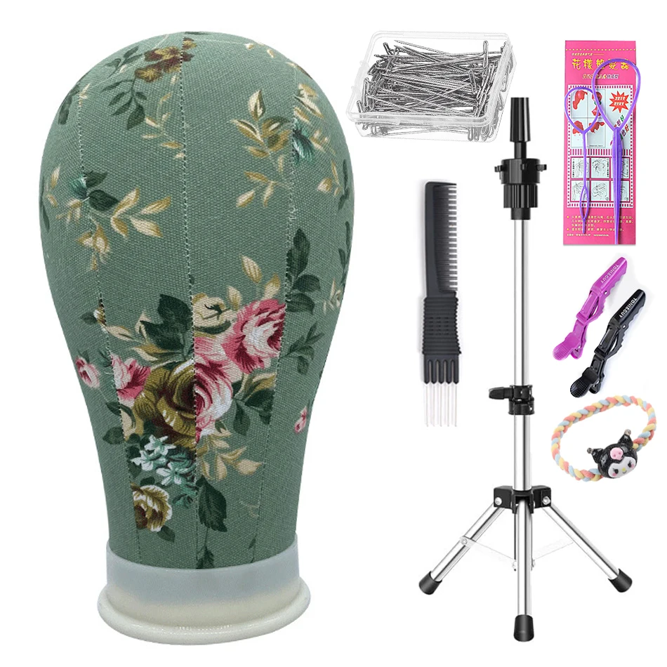 Print Flower Canvas Head With Adjustable Wig Tripod Stand Holder for Mannequin Wig Stand Head Used For Wig Making and Display