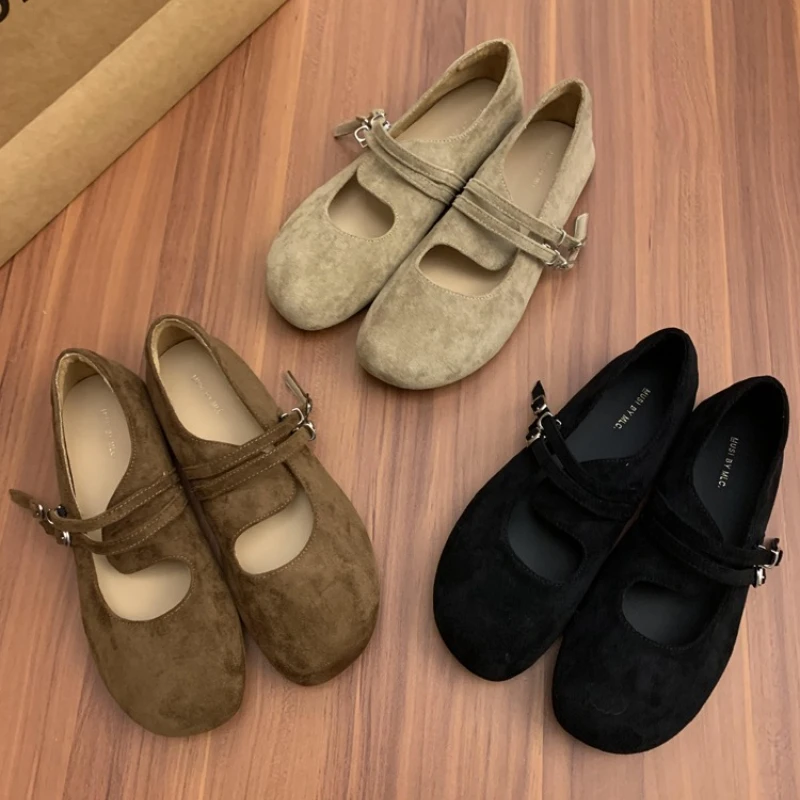 حذاء نسائي بدون كعب مسطح برأس مستدير من جلد الغزال للربيع والخريف بإبزيم أنيق كاجوال ناعم ومريح بكعب منخفض. #1