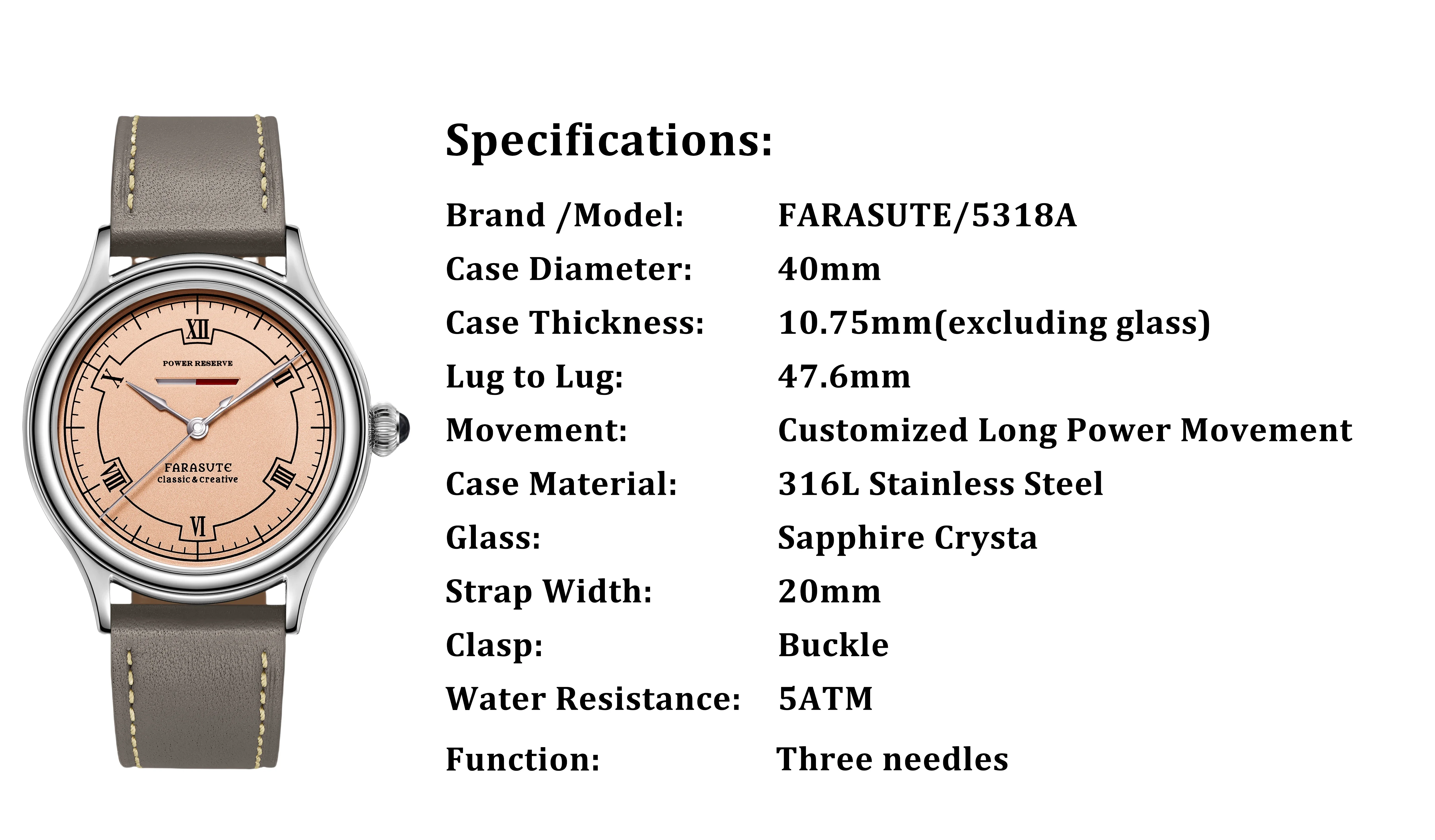 FARASUTE мужские автоматические часы 40 мм винтажные механические наручные часы с сапфировым зеркалом с горизонтальной планкой и дисплеем запаса хода