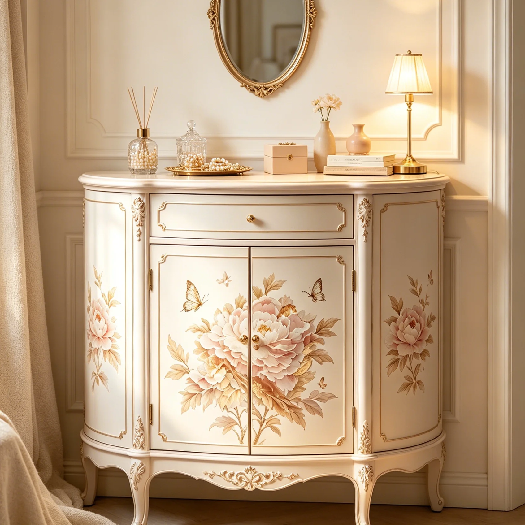 Vintage dining side cabinet Solid wood flower painted locker Living room decorative cabinet