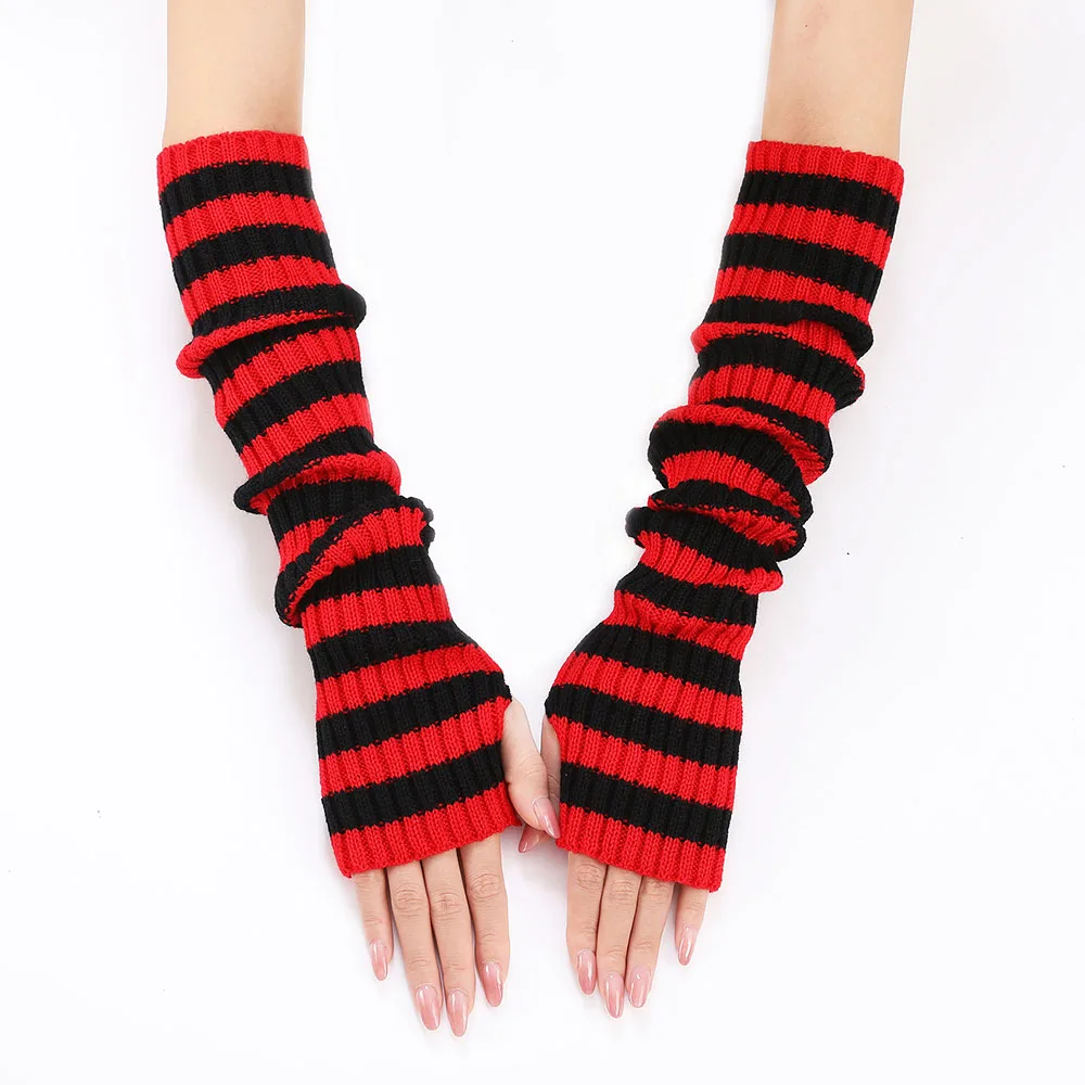 Black and White Striped Style Long Fingerless Gloves Women Winter Arm Warmer Knitted Arm Sleeve Casual Soft Girls Mittens