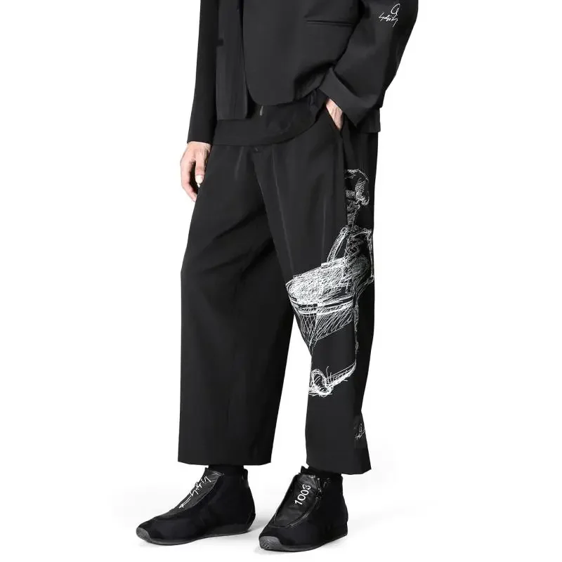 سراويل YOJI OOAK GABARDINETROUSERS مطبوعة كاجوال ذات هيكل عظمي أنيق من الصوف بأرجل واسعة #1