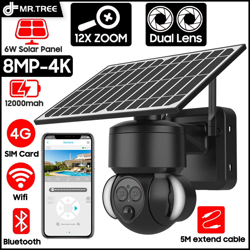 

4G SIM/WIFI Solar Camera Outdoor 4K 8MP UHD Dual Lens Security CCTV 12X Zoom Humanoid Tracking PTZ Wireless Surveillance Cameras