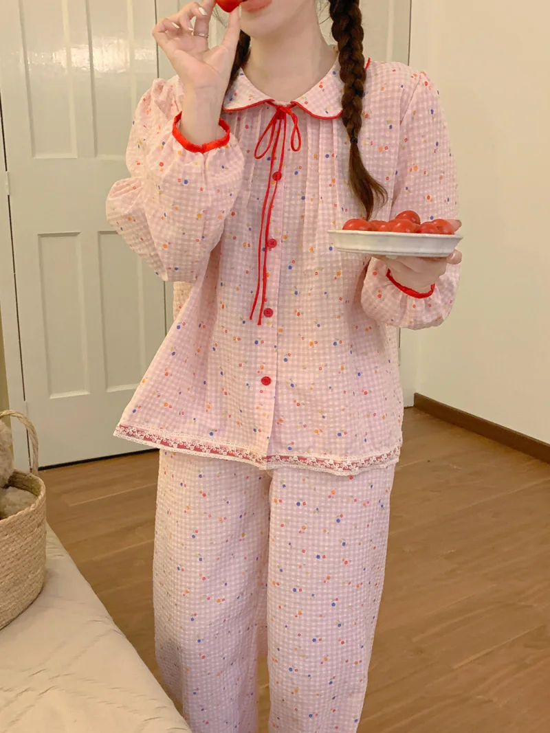 Cherry Print Dot Autumn Pajamas Set Women Peter Pan Collar Shirt + Trousers Casual Cotton Sweet Two Piece Home Suit Kawaii Korea