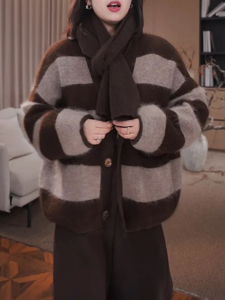 

Casual High-End Striped Knitwear Women's Loose Slimming Lazy Sle Top Color Blo Autumn New Faion Versatile Outerwear