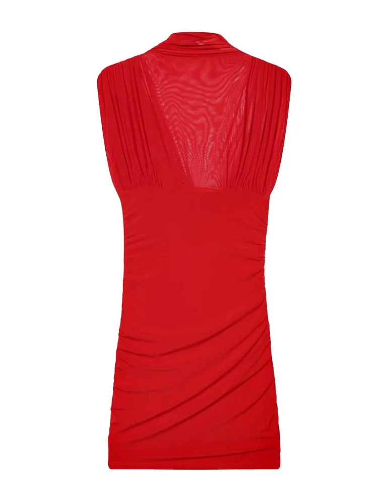 Mini abito trasparente con scollo a V in rete Tossy per le donne Patchwork Estate 2026 Nuovo abito a pieghe solido Abito aderente da pendolarismo da donna