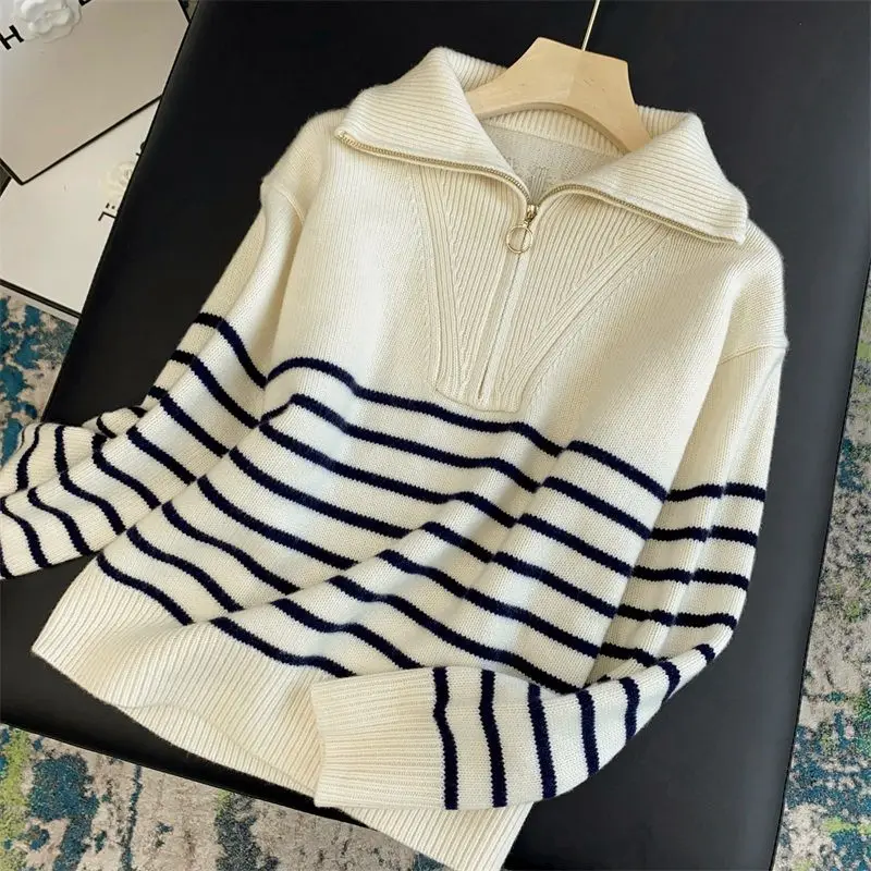 Women Vintage Classic Striped Half Zipper Stand Collar Knitted Sweater Fall Winter Long Sleeve Loose Pullover Tops Casual Jumper