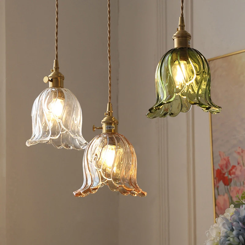 New Glass Small Chandelier Bedroom Bedside Dining Room Brass Pendant Light With Knob Switch Thickened Glass Shade Hanging Lamp