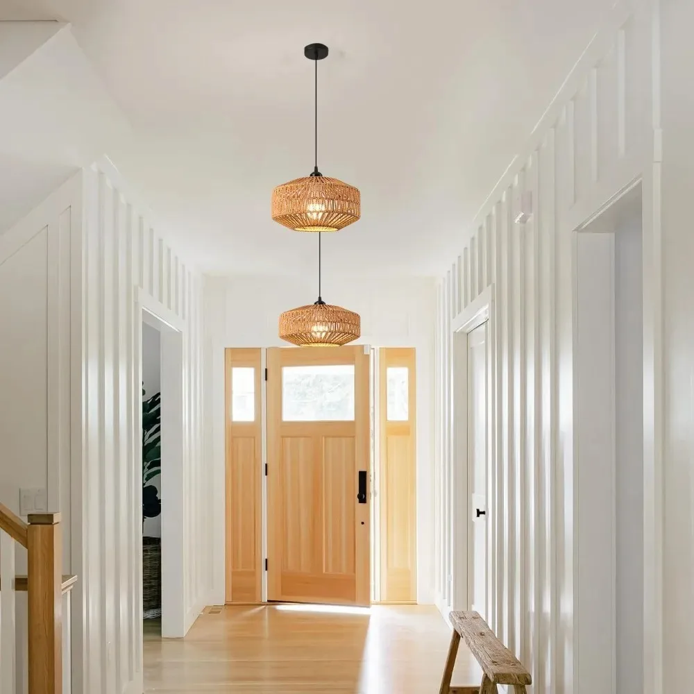 Boho Hemp Rope Chandelier Vintage Wicker Pendant Light Rattan Ceiling Hanging Lamp for Dining Room Bedroom Living Room E27