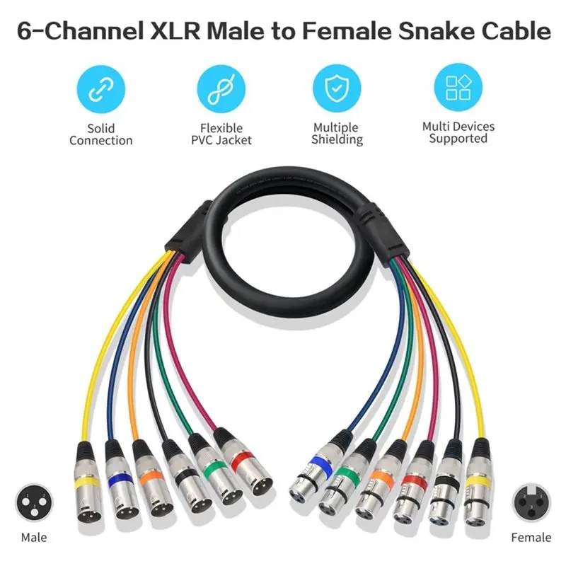 A97I-Balanced Audio Cable 6 Channel 3 Pin XLR Male To Female Extension Cord For Broadcasting Recording