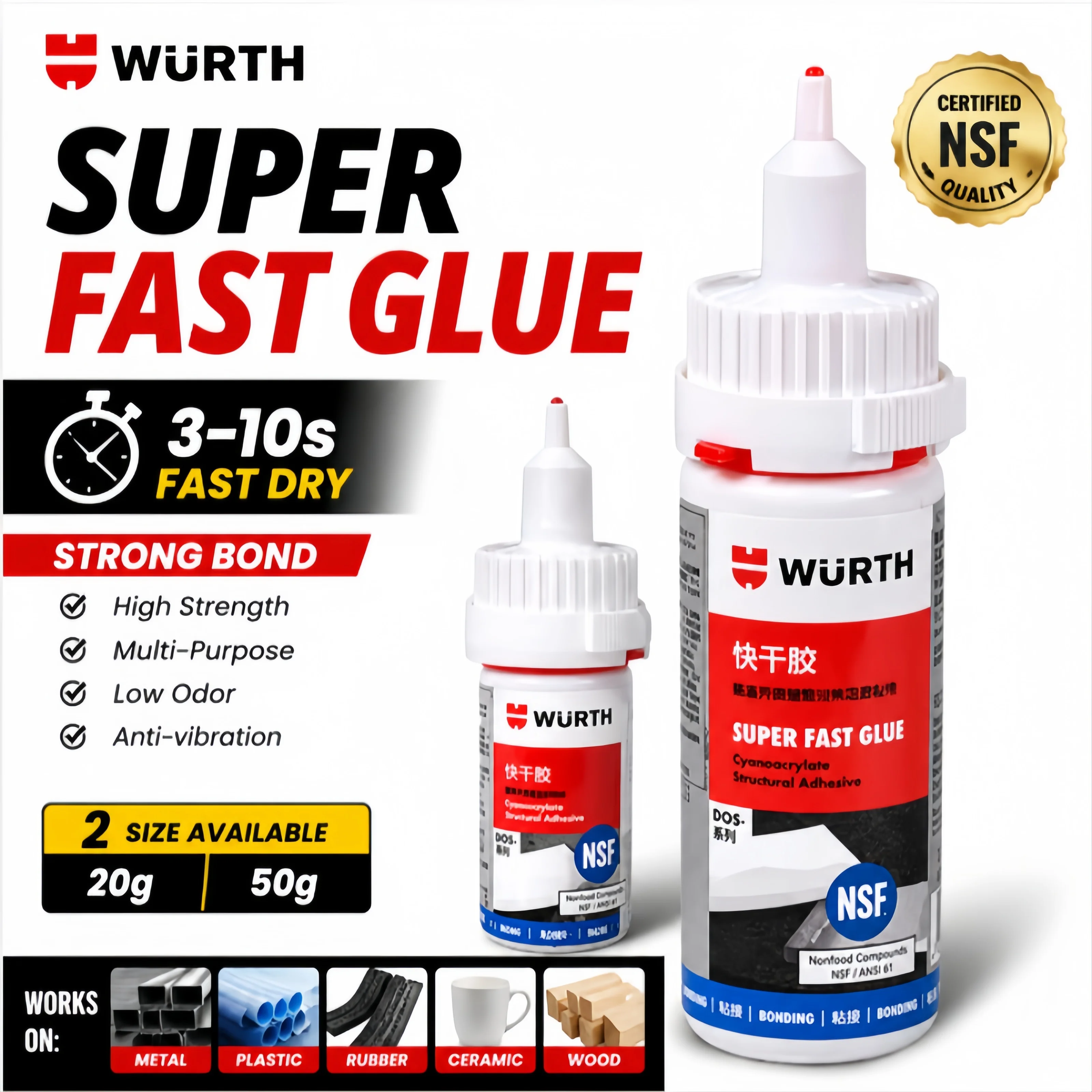 Cola CA Super Rápida WURTH 20g 50g, Adesivo Instantâneo Forte de Secagem Rápida para Metal, Plástico, Borracha, Cerâmica e Madeira