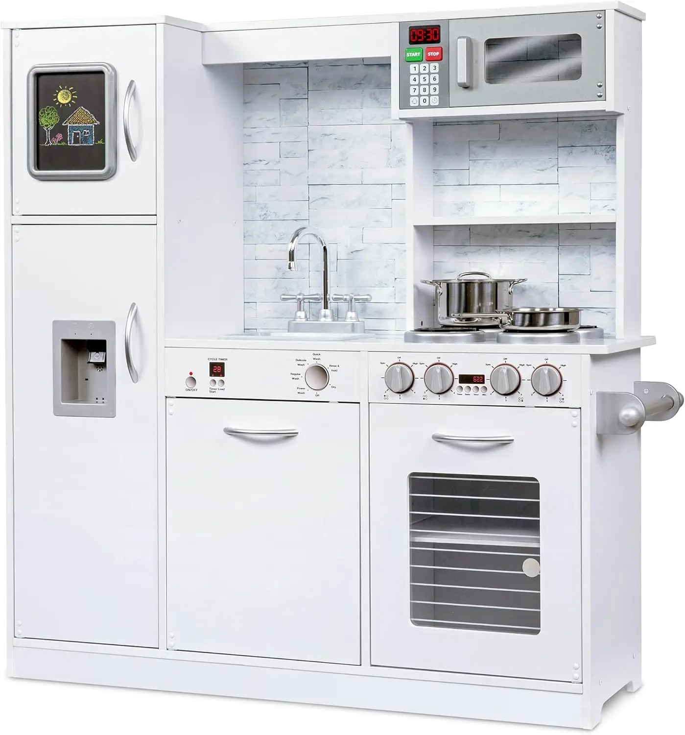 Kids Kitchen Set, Pretend Wooden Play Kitchen, Battery Operated Icemaker & Microwave with Realistic Sound, Pots & Pan Included -