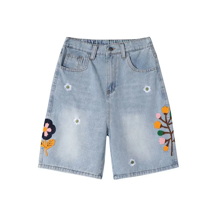 

Женские летние джинсы свободного кроя с высокой талией, вышивкой, из тонкой хлопково-полиэстеровой смеси, прямого кроя, больших размеров