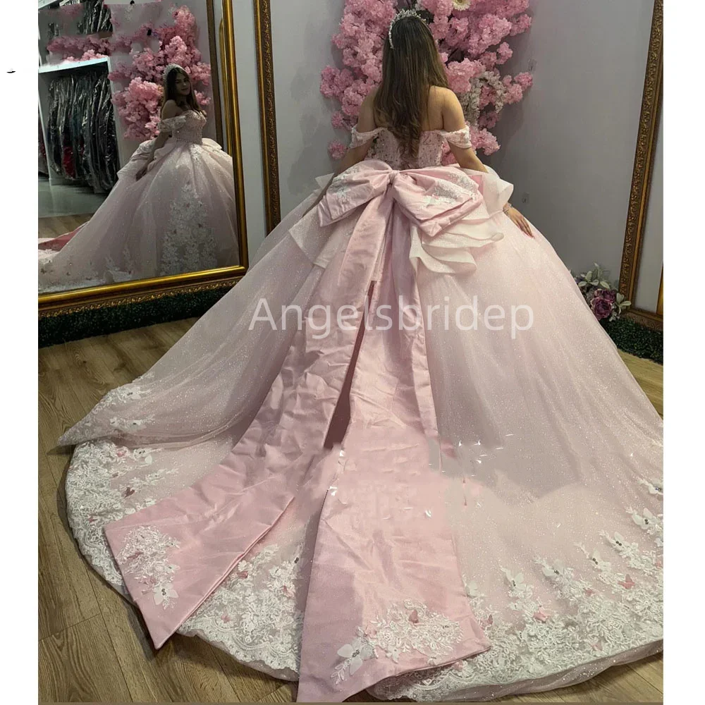 Angelsbride Off Shoulder Pink Princess Ball Gown 15 Year Old Quinceanera Dresses With Bow Brithday Party  Vestidos De 15 Años