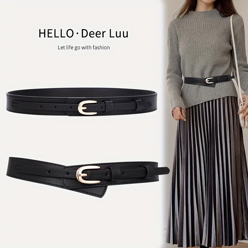 Stylish Oval Buckle Belts Classic Solid Color PU Leather Waistband Elegant Coat Dress Belt Women