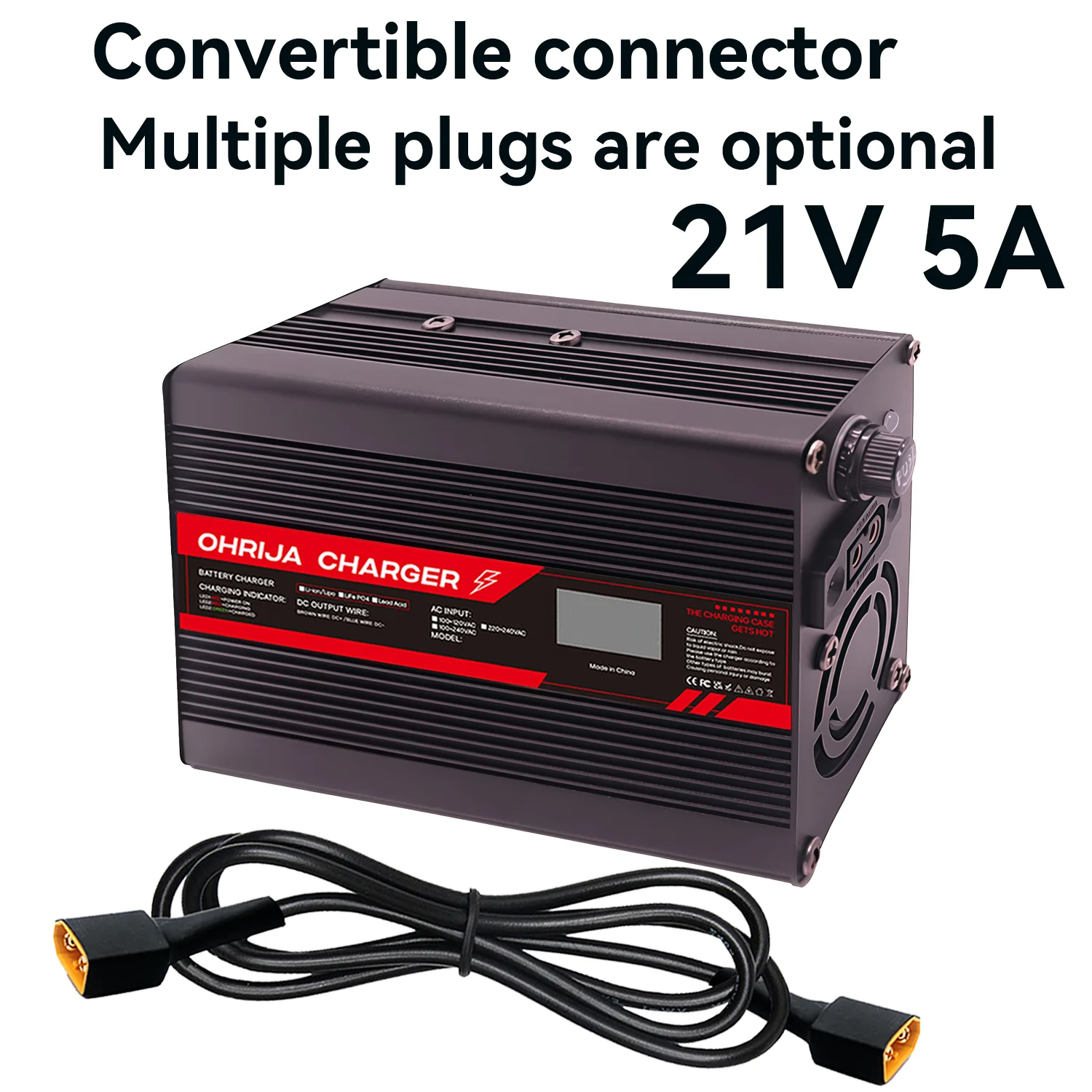 21V 5A Lithium Battery Fast Charger for 5S 18.5V OLED Display & Interchangeable Connector Fast Stabilization with Cooling Fan