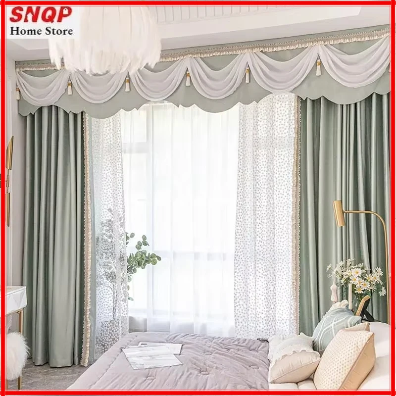 

Custom Size European Solid Color Green Jacquard Luxury Curtains for Living Room Bedroom Dining Tulle Valance Window Lace Decor