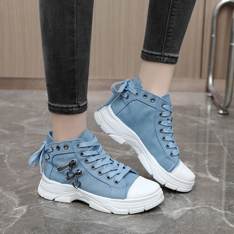 2024 New Women's High Top Sneakers Luxury Denim Canvas Shoes for Women Fashion Platform Boots Outdoor Lace Up Women Sports Shoes