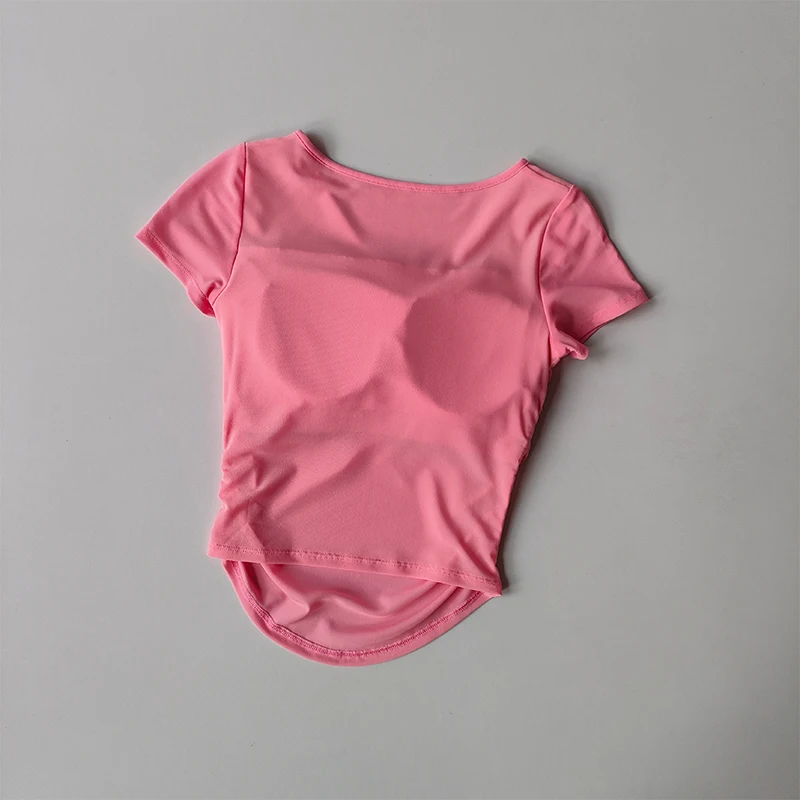 Neues Yoga-Kurzarm-T-Shirt für Damen mit Brustpolstern für Frühling und Sommer, schlichtes, schmales Mesh-Top für attraktive Mädchen. – Detail 9