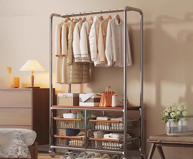 

Modern Metal Coat Rack Movable Clothes Hanger Standing Drying Rack for Bedroom Living Room Storage Shelf