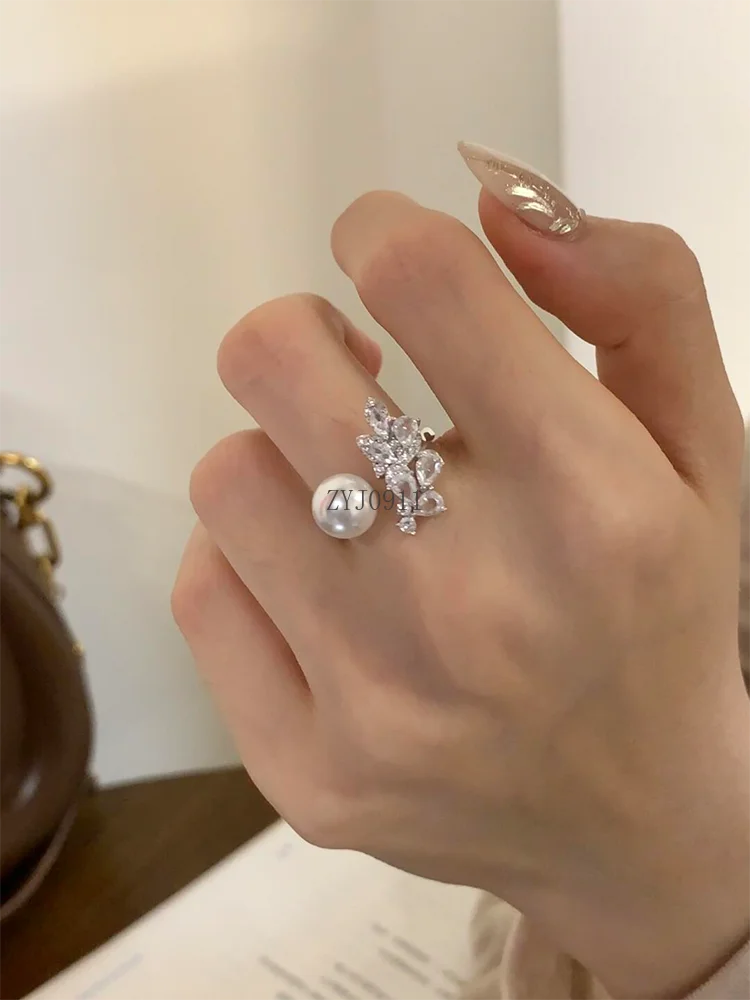 Cincin Mutiara Zirkon Daun Perak Sterling Cincin Jari Desain Pembukaan Rasa Premium Mewah Ringan Prancis