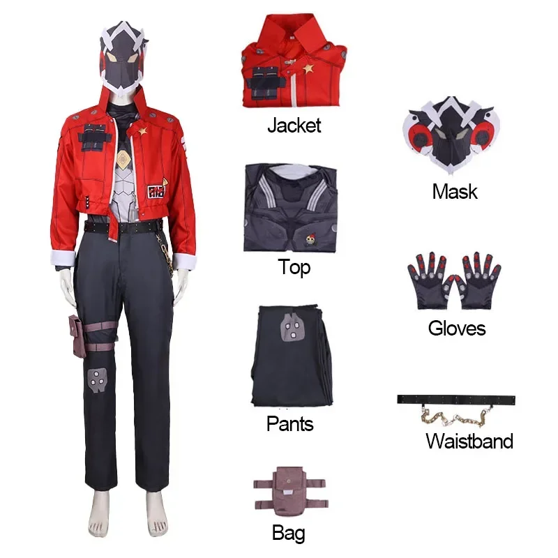 أزياء أنيمي زينليس زون زيرو بيلي ذا كيد التأثيرية 7 قطعة قناع أحمر موحد حزام قفاز وحقيبة الساق لعب الأدوار الزي للرجال