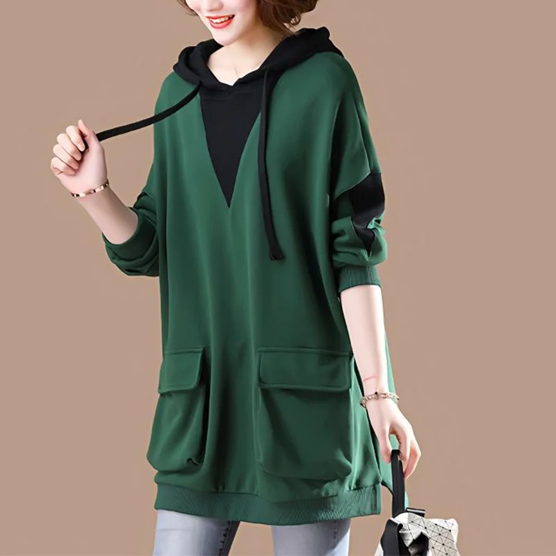 Korean Trend Hooded Collar Patchwork Double Pockets Spring Autumn Womens Contrasting Colors Bandage Mid Length Sweatshirts