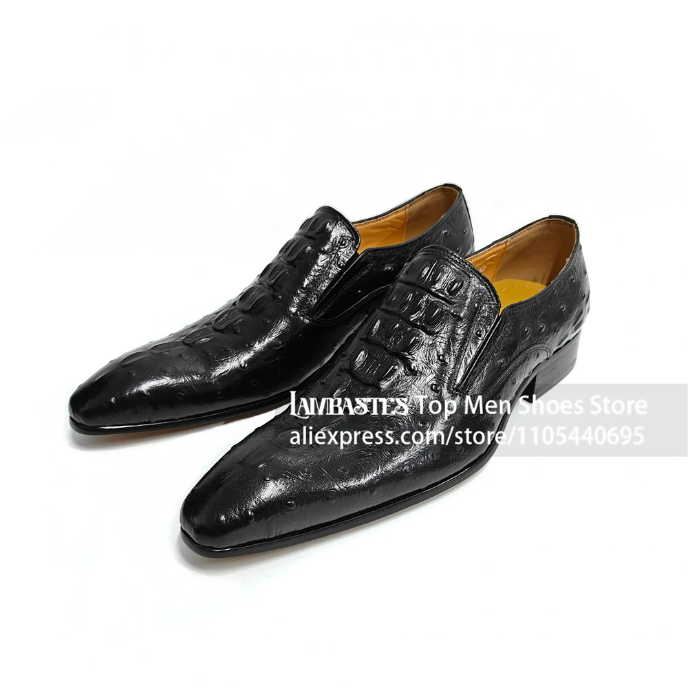 Black Ostrich Croc Embossed Slip on Loafers Luxury Ostrich Print Slip on Business Leather Shoes Polished Cowhide Loafers for Men