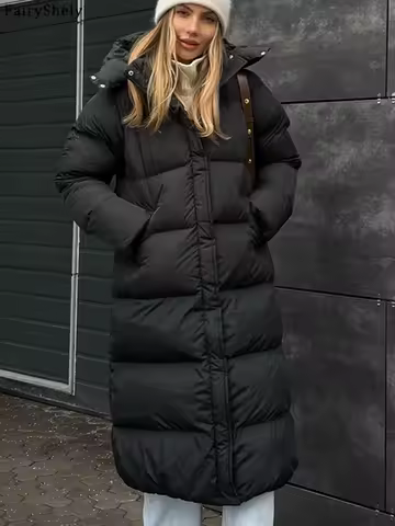 FairyShely 2026 Women Black Down Cotton Long Coat Female Casual Hooded Long Sleeve Jacket Winter Lady Zipper Warm Thick Outwear