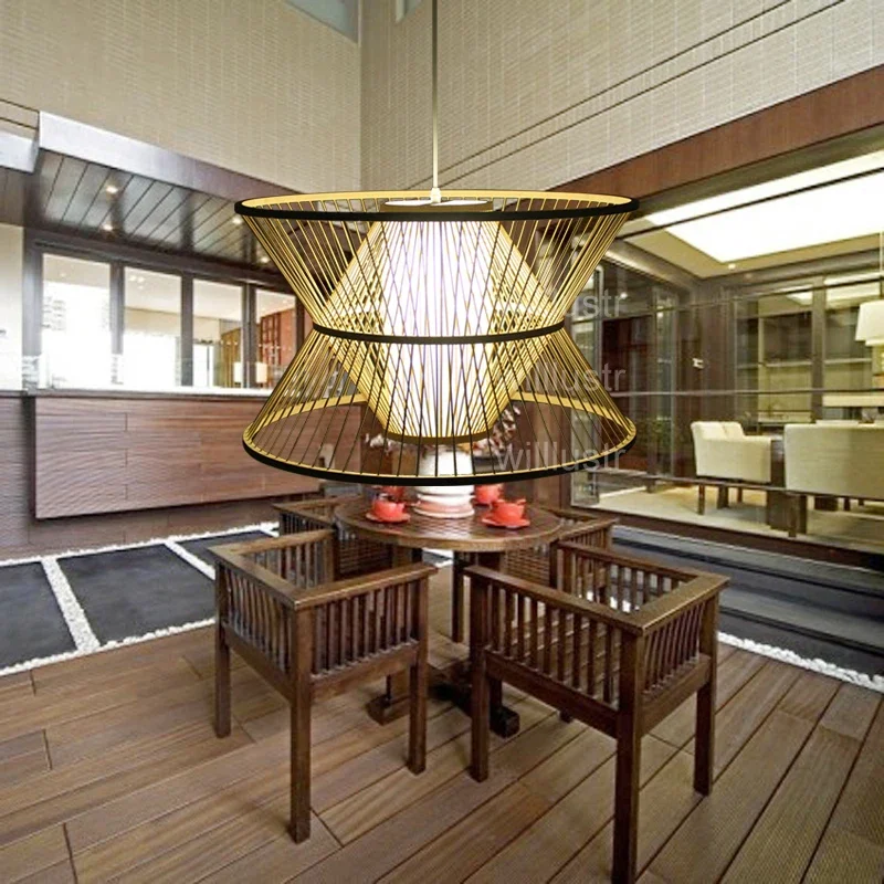 

Handmade Bamboo Pendant Lamp Wood Suspension Light Hotel Restaurant Nordic Mall Pastoral Hanging Ceiling Chandelier