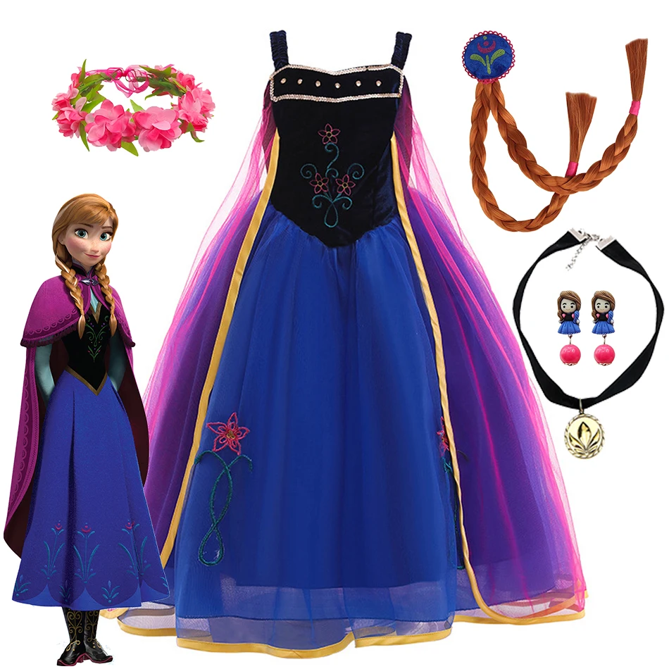 Disney Princess Anna Dress Kids Frozen Cosplay Birthday Carnival Halloween Party Clothing Girls Disguise Snow Queen Prom Gown