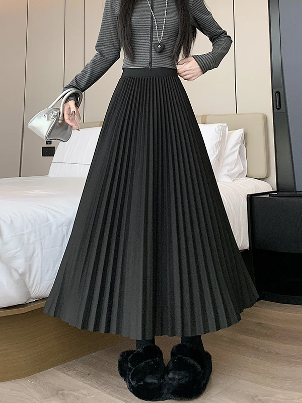 Slimming A-Line Midi Skirt Women's Spring Autumn High Waist Pleated Warm Polyester Fiber Standard Fit Chinese Style Long Skirt
